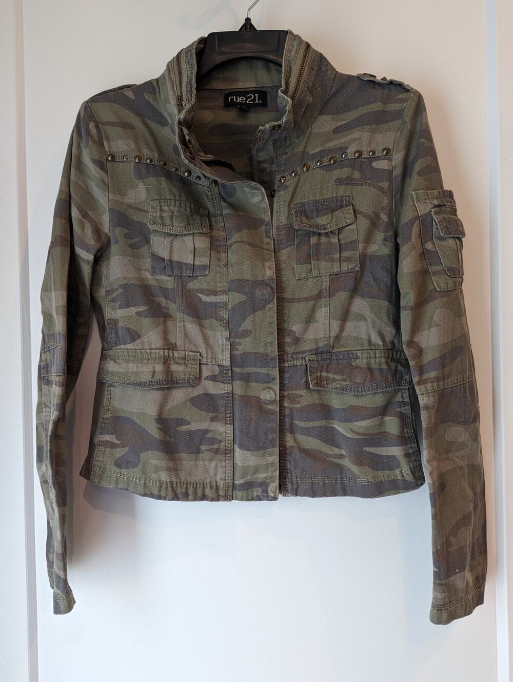 Rue 21 Small Camouflage Studded Long Sleeve Jacket Military Short Casual